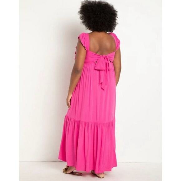 Eloquii | Hot Pink Ruffle Tiered Tie Open Back Sleeveless Plus Size Maxi Dress - Picture 3 of 10